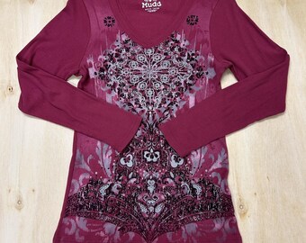 Y2K Mudd Shirt Womens Extra Large Pink Floral Rhinestone V Neck Long Sleeve Top