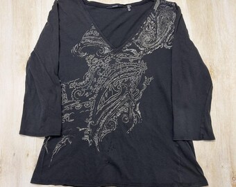 Y2K Tahari Shirt Womens Large Gray Paisley V Neck 3/4 Sleeve Cotton Tee Top