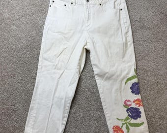 Vintage Coldwater Creek Straight Jeans Women 10 White Floral Print Stretch Denim