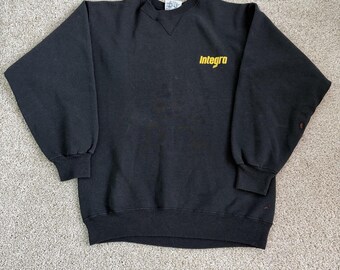 Sudadera vintage Hanes para hombre, talla grande, color negro, polar, logo Integra, cuello redondo, fabricada en EE. UU.