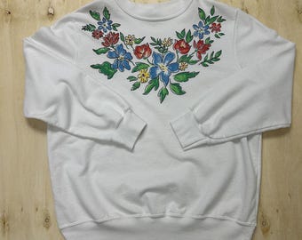 Vintage Floral Sweatshirt Womens Large White Glitter Fleece Crewneck Pullover