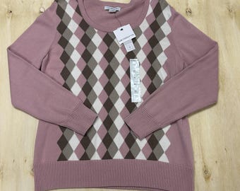 Jersey vintage Liz Claiborne para mujer, talla XL, rosa, con estampado de rombos, cuello redondo, de punto de algodón.