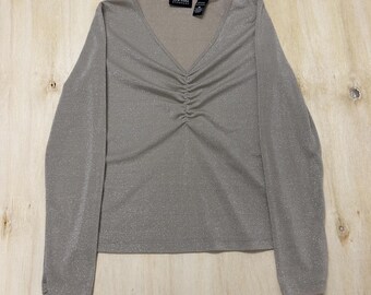 Y2K New York & Company Blouse Womens M Silver V Neck Long Sleeve Glitter Ruched