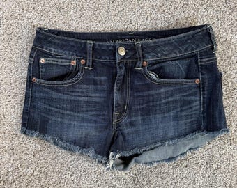 Y2K American Eagle Micro Mini Shorts Dames Maat 8 30W Blauw Denim Afgesneden Zomer