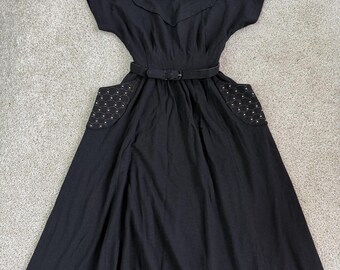 Vintage Sportlane Deb Dress Womens Medium Black Studded Pockets Belted Maxi