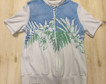 Vintage Tropical Floral Polo Shirt Womens Small Short Sleeve White Zip Mock Neck
