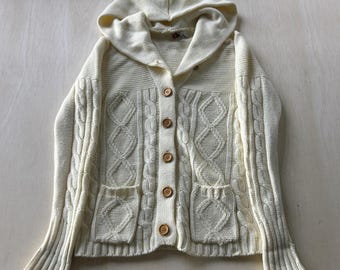 Vintage Eileen Cardigan Sweater Dames 40 Witte Capuchon Met Kabel Gebreide Zakken Met Knopen