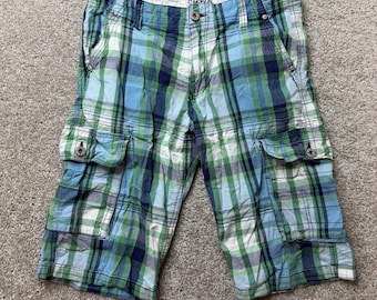 Y2K Carbon Cargo Shorts Mens 31 Blue Green Plaid Cotton Canvas Pockets 12 Inseam