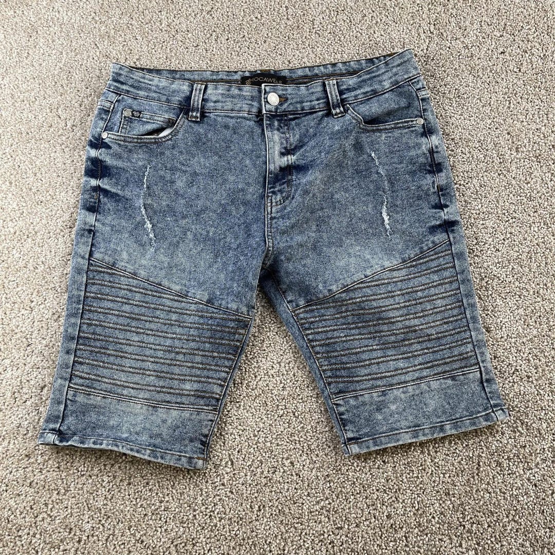 Y2K Rocawear Biker Denim Shorts Mens 36 Blue Acid Wash Moto