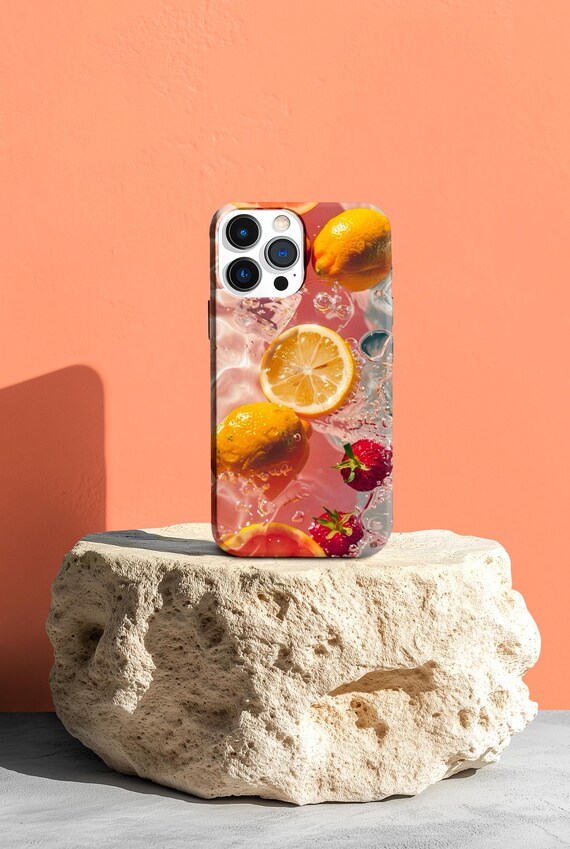 Realistic Lemon Strawberry Splash Slim Phone Case | Fruity Citrus Water Design