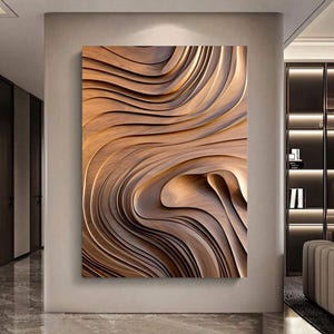 Lienzo de pared grande minimalista con ondas de madera ricas / Decoración bohemia texturizada abstracta neutra de gran tamaño