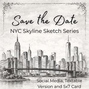 Pode incluir: Um esboço a preto e branco do horizonte de Nova Iorque, com a Ponte do Brooklyn e arranha-céus icónicos, com o texto "Save the Date". O cartão faz parte da série NYC Skyline Sketch e está disponível como versão para redes sociais e cartão 5x7.