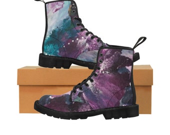 Women's purple and teal floral canvas boots I fabric boots I wedding I footwear I unique I footwear I rubber soles I art shoes I fluid art