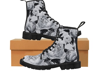 Women's monochrome black and white peony canvas nylon boots I floral fabric I goth boots I wedding boots I fabric boots I unique boots