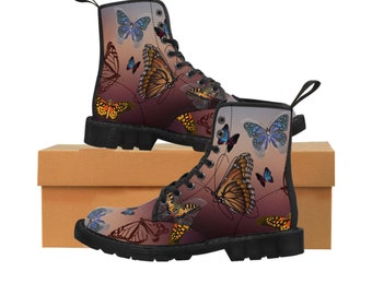 Women's Butterfly Canvas Boots I combat I wedding I unique I fabric boots I art boots I footwear I black rubber soles  I spring shoes