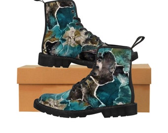 Women's blue and black floral canvas boots I unique I wedding boots I combat boots I footwear I black rubber sole I fabric boots I fluid art