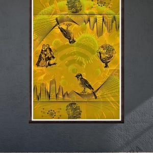 Concepttekening van een biometrisch algoritme - Botsing tussen natuur en technologie - Virussen, AI, circuits en geschiedenis: een fusie - Moderne conceptuele wanddecoratie