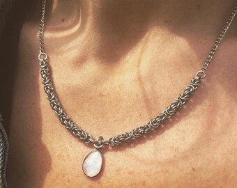 Stainless Chainmail necklace, Stainless steel with moonstone necklace, Moonstone pendent necklace, Stainless chainmail necklace