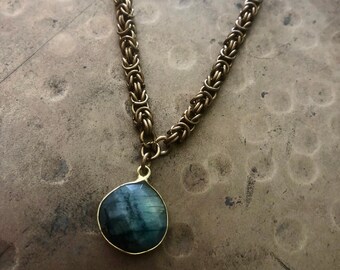 Brass Byzantine and Labradorite necklace, Byzantine chain necklace, Brass chain necklace, Labradorite chain necklace, Brass necklace