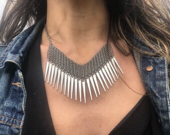 Stainless Steel Chevron with Stainless Steel spikes, Chevron Necklace, Stainless Steel Chainmail Necklace, Stainless Chevron Necklace