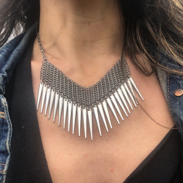 Stainless Steel Chevron with Stainless Steel spikes, Chevron Necklace, Stainless Steel Chainmail Necklace, Stainless Chevron Necklace