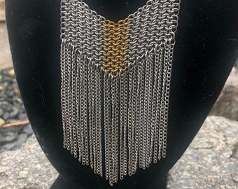 Stainless Steel and Brass Chevron Necklace with Chain Tassels, Chevron Chain Necklace. Chain Tassel Necklace, Stainless Chainmail Necklace