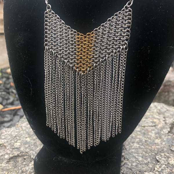 Stainless Steel and Brass Chevron Necklace with Chain Tassels, Chevron Chain Necklace. Chain Tassel Necklace, Stainless Chainmail Necklace