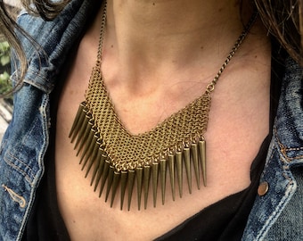 Brass Chevron Necklace with Brass Spikes, Brass Chainmail Necklace, Chevron Necklace, Brass Necklace