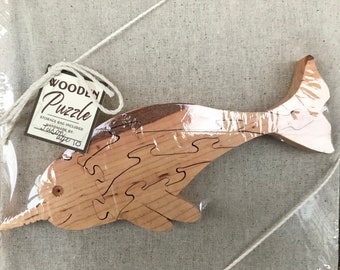 Handmade Wooden Narwhal Puzzle with Storage Bag