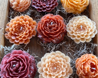 5 Peony | Dahlia Flower Shaped Beeswax Candles | Peach and Pink