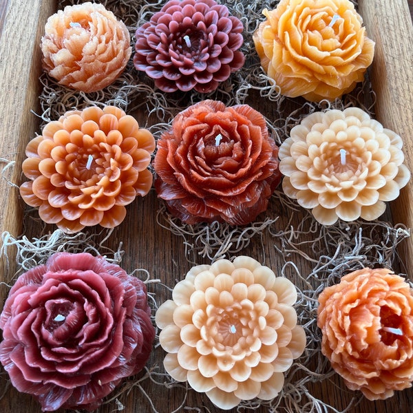 5 Peony | Dahlia Flower Shaped Beeswax Candles | Peach and Pink