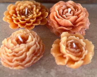 4 Peach Sorbet Beeswax Candles Peony | Dahlia Flower Shaped Beeswax Candles | Peach