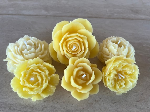 6 Yellow Flower Candles Peony Dahlia Rose Shaped Beeswax Candles