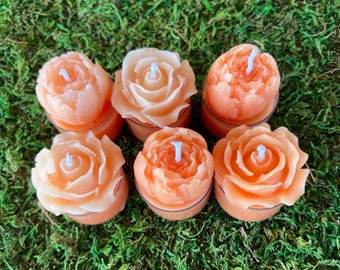 6 Rose Shaped Beeswax Tealight Candles  | Wedding | Peach | Flower