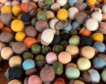 Set of 12 Wool Felted Acorns with Real Caps