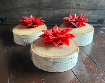 Set of 3 Birch Candle Holders with Beeswax Poinsettia