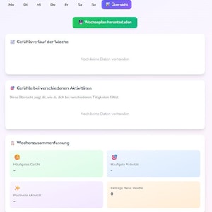 Könnte beinhalten: Eine digitale Oberfläche mit einem weißen und violetten Farbschema. Die Oberfläche zeigt einen Wochenplaner mit Abschnitten für Gefühle, Aktivitäten und eine Wochenzusammenfassung. Zu den Schaltflächen gehören "Übersicht" und "Wochenplan herunterladen."