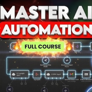 Puede incluir: Gráfico con el texto "MASTER AI AUTOMATION" en letras blancas sobre un fondo rojo y negro. Debajo, una pancarta verde dice "FULL COURSE". La imagen incluye un diagrama de flujo con varios cuadros etiquetados y líneas de conexión.
