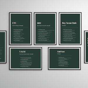 May include: A collection of framed art prints with black frames and dark green backgrounds. Each print features white text with various phrases like "KISS", "ETC", "DRY", and "Boy Scout Rule". The prints are arranged on a light gray wall.