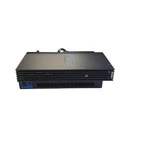 May include: Black PlayStation 2 console with the PS2 logo in blue. The console has a rectangular shape with a disc tray and various ports. The Sony logo is visible on the right side.