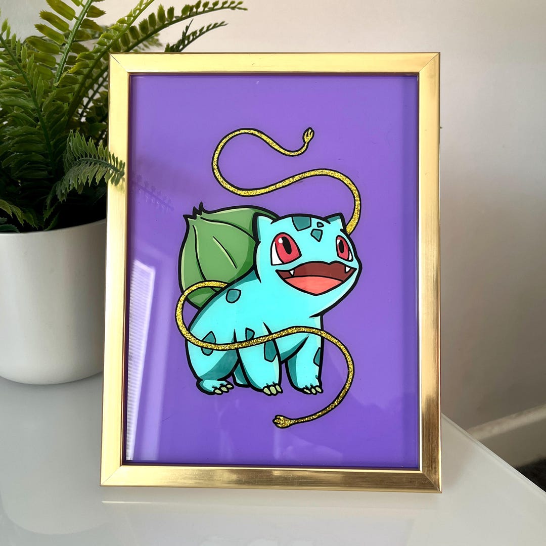 Handpainted Bulbasaur on Glass | Pokémon | Home Wall Decor (gold Frame ...