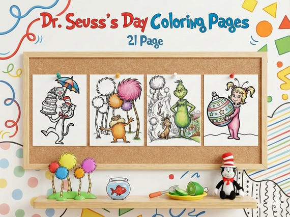 Dr Seuss Day Coloring Pages, Read Across America Activities for Kids, 21 Page Whimsical Character Printable, Classroom Art, Instant Download