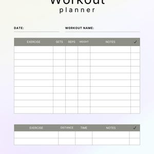 May include: A workout planner with a gradient background. The title "Workout planner" is at the top. Below are sections for date, workout name, exercise details (sets, reps, weight, notes), and a section for exercise, distance, time, and notes.