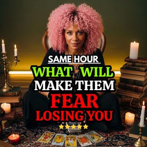 May include: A person with curly pink hair wearing a black garment, sitting behind a spread of tarot cards. The text reads: SAME HOUR WHAT WILL MAKE THEM FEAR LOSING YOU. The scene includes stacks of books, lit candles, and five yellow stars.