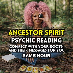 May include: An image promoting psychic readings. The text reads "Ancestor Spirit Psychic Reading" and "Connect with your roots and their messages for you same hour." A person with pink hair holds a crystal near their eye, surrounded by tarot cards.