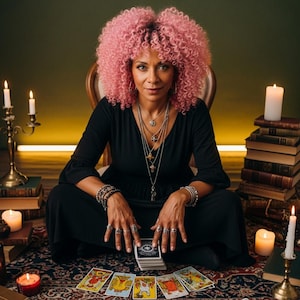 May include: A person with pink curly hair wearing a black dress and multiple necklaces, bracelets, and rings. Tarot cards are spread out in front of the person, with lit candles and books surrounding them. The person is seated on a chair.