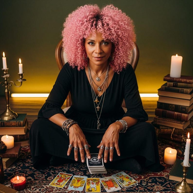 May include: A person with pink curly hair wearing a black dress and multiple necklaces, bracelets, and rings. Tarot cards are spread out in front of the person, with lit candles and books surrounding them. The person is seated on a chair.