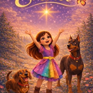以下が含まれることがあります： 虹色のドレスを着た女の子と2匹の犬のデジタルイラスト。 「Everiel」の文字が金色の文字で書かれています。 蝶と明るい星も画像にあります。