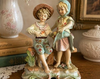 Vintage 1950s Arnart Creations #7824 Boy & Girl Porcelain Figurine, Hand Painted Japanese Bisque