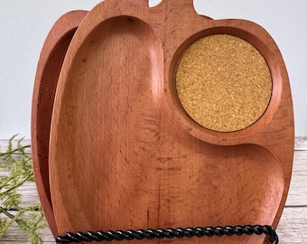 Set Of 4 Mid Century Modern Wood Apple Shaped Snack Trays